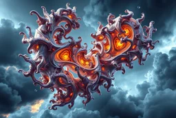 Dynamic complex hypnotic fractal 3D with horizontal Symmetry structures twisting and morphing between organic and geometric forms, smooth translucent iridescent glass with inner glow and bubbles, varied transparent materials, stormy skies, intense dramatic