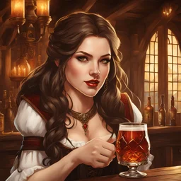 A young woman with pale skin and long brown hair in a fantasy tavern setting with intricate details. She is smirking, a tavern wench pouring a glass of whiskey, has intense red eyes, intimidating presence. High definition.