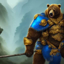 An angry bear warrior in blue and gold armor, background of Inka jungle, high detail, smooth, realistic, digital illustration, Artstation, artgerm,