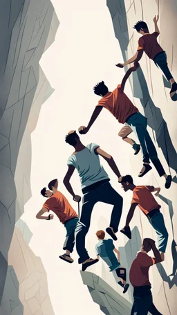 Climbing a group of young men. like a illustrator poster