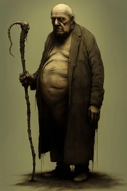 The full body of a fat old man holding a cane , decayed and rotting with grotesque proportions and imagery. surreal horror, biomechanical design, by hr giger and beksinski
