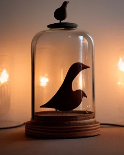 wooden bird in a bell jar, symmetrical, frosted glass, warm lighting