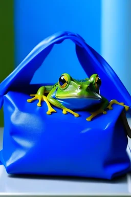 a frog wearing a blue ikea bag