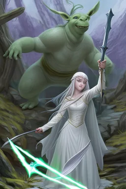 Young Galadriel knew that she was no match for the ogre in a fair fight. But she was determined to protect herself and her home, so she drew her sword and charged. The ogre was surprised by Galadriel's attack. It swung its club at her, but she dodged out of the way. Then, she slashed at the ogre's leg with her sword. The ogre roared in pain and stumbled back.