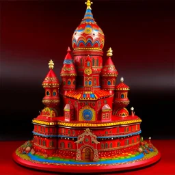 A red castle in the sky with rainbows designed in African masks painted by Peter Carl Faberge