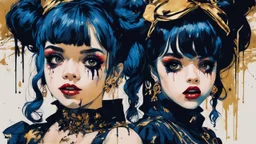 Poster in two gradually, a one side malevolent goth vampire girl face and other side the Singer Melanie Martinez face, painting by Yoji Shinkawa, darkblue and gold tones,