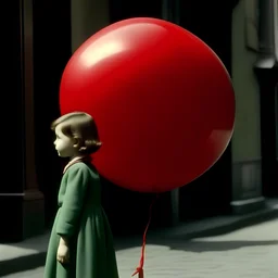 A girl talking to à red balloon, l, in the style of an autochrome