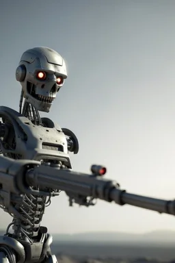 a scary robot with a gun searching for humans looking right from far away