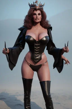 Raquel Welch as evil queen in black leather gown, angry, busty, curvey, cleavage, unreal 5, octane render,cinema4d, dynamic lighting, dramatic lighting, 4k, redshift render, highly detailed, hyper realistic