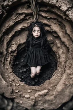 Closeup petit Girl goth with big eyes, fullbody, ragged clothes, extended like roots, the perspective looking up from the bottom of an empty well ,8k,macro photography,