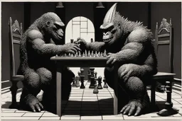 a Godzilla and king kong playing a game of chess