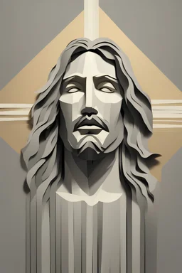 Abstract monochrome illustration featuring only various shades of gray. The image is made of paper manipulated to create shapes and shadows, in the shape of the face of Jesus Christ looking up, bright golden tones. It has wavy edges that create a sense of movement and fluidity with contrasting light and dark areas, with shadows accentuating the shapes and adding depth to the piece.