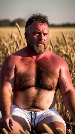 full body shot photography of a relaxing tired burly beefy neapolitan farmer 50 years old under the sun sitting down in a wheat field, dirty, ugly, manly chest, sweat, with the shirt open, boxer, bulge, view from top, 35mm lens , misery and poverty, countryside,