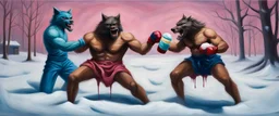 oil painting and spray painting of photo shoot of self aware werewolf boxing with shadow creature in ice cream and snow