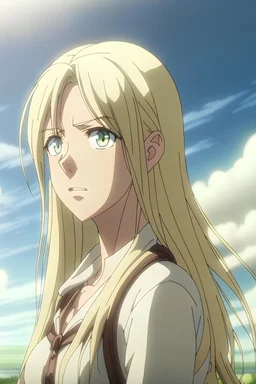 Attack on Titan screencap of female with long hair and white eyes. wit studio screencap. Beautiful background scenery behind