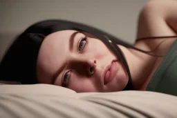 Billie Eilish, on the bed, in my underwear, pale skin, high detail, realistic, 8k, not to be distinguished from a photo