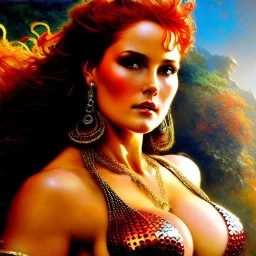 Drawing of beautiful face,'beautiful,Busty fit Red Sonja',intense stare, ancient skintight armor, balanciaga fashion clothe painting by gaston bussiere, greg rutkowski, yoji shinkawa, yoshitaka amano, tsutomu nihei, donato giancola, tim hildebrandt, Oil on canvas, cinematic composition, extreme detail,fit full head inside picture,16k