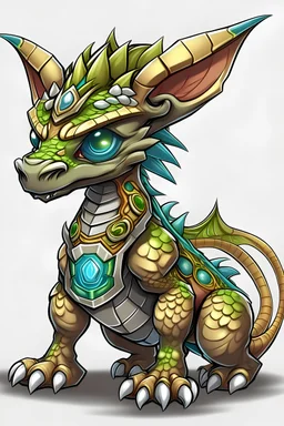 small dragon pup, metal skin, Guandao element on head, Yu-Gi-Oh, Dragunity style