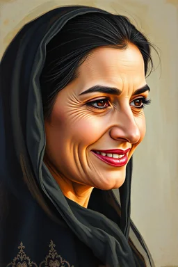 Palestinian woman with a beautiful face, turning her face slightly to the right, smiling slightly, her mouth closed, not showing her teeth, her eyes looking to the left, she looks drawn with oil paints