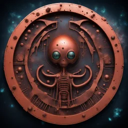 Create an image of old corrosion computer copper with strange aliens out of this world shaped Symbol