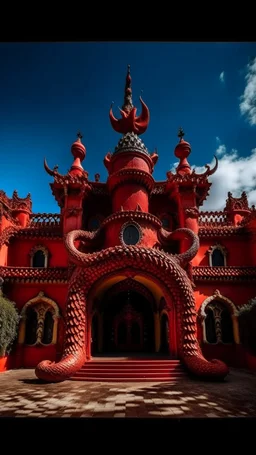 A dark red palace with a fiery dragon designed in Mexican folk art painted by Salvador Dali
