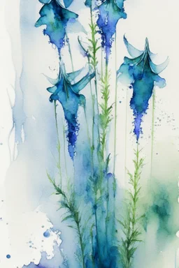 Abstract wet watercolour, blue green stalks delphiniums, centered