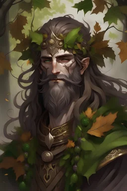 Generate character art for a wood elf, drawing inspiration from the classical image of Dionysus. Envision him with long, flowing dark hair and a beard, embodying the untamed allure associated with the god of wine and revelry. Give him body hair to match his beard. Embrace the Dionysian spirit by infusing the artwork with symbols of celebration. Grape leaves or goblets of wines