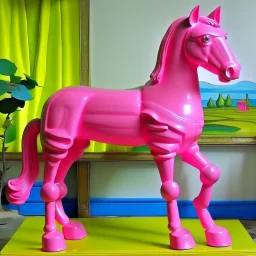 Big pink plastic toy horse.19th painting