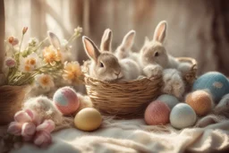 photorealistic image, browned, faded, last century style photograph with knitted and embroidered bunnies, painted Easter eggs in basket, flowers, in sunlight, edges of image appear burnt, ethereal, cinematic postprocessing, bokeh, dof