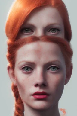 Woman gost, cute, beautiful, orange hair, two braids, wild bangs, blue eyes, big eyes, freckles, long eyelashes, pink lipstick, thin lips, small nose, Gillian from Practical Magic, 8k resolution concept art portrait by Greg Rutkowski