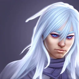 Female Air Genasi Monk with light blue skin, flowing white hair, grey eyes, and calm facial expression