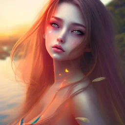 Insanely portrait of beautiful girl day, sunny, relaxing, sea, trees, real details anime style, realistic, glowing beach, 8k