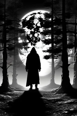 magical too much trees in big forest dark white and black fairy magic a shadow of hooded man from a distance standing moon in the background