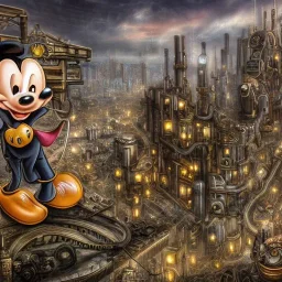 Dystopian, steampunk, cityscape, high resolution, glossy, mickey mouse