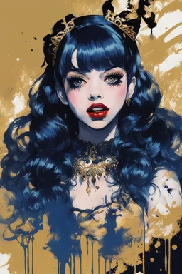 Poster in two gradually, a one side malevolent goth vampire girl face and other side the Singer Melanie Martinez face, painting by Yoji Shinkawa, darkblue and gold tones,