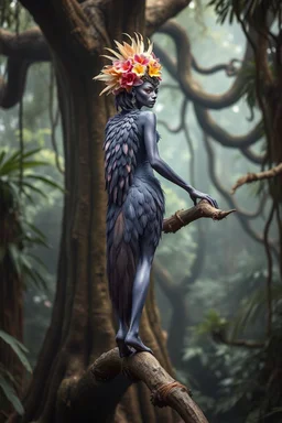 Full-length view of an alien woman with feathered, bird-like purple skin, wearing a headdress of exotic alien flowers, perched on a branch of a giant, ancient tree in a dense, alien rainforest.