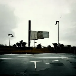 Minimal contemporary abstract oil paintings of desolate 1960s carpark with road markings and concrete fragments. Overlay with grungy typography graphics. style of Justin Mortimer and Francis Bacon.