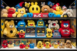 Close up of 1982 Nieman Marcus Toy Shop Window Display, Pac-Man video game theme, fantastical pac-man themed toys, yellow and black and white color scheme, pac-man pinball machine, pac-man acrade game, pac-man teddy bears, pac-man sweaters and hats, and t-shirts, pac-man fever, hyperreal, dramatic, dramatic spot light, fake snow, ornate Pac-man ornamented Christmas tree.