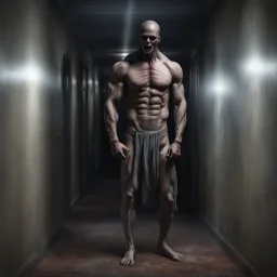 Hyper Realistic muscular headless man & standing in a haunted hallway at night