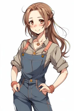 brown hair in a ponytail anime girl in jean overalls