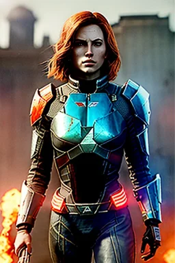 ultrarealistic, ruined city,__mass effect armor__, __angles__, 19 year old woman, strikingly beautiful, ginger hair, silver colour, [__starlets__|__starlets__], (pale __skincolor__ skin:1.2), __camera__, _hair_, detailed face and eyes, medium breasts, leather choker, freckles, dynamic pose, resolved expression, __accessory__, strappy outfit, (straps:1.1), sword in scabard on left hip, (buckles, buttons, snaps, rings:1.0), haltertop style breastplate, detailed eyes, plump lips, sci-fi theme