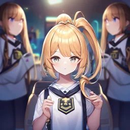 Clear focus, High resolution, cute, cartoon, dark blonde hair, two pieces of hair on the left side, parted nice, long locks, short ponytail behind head, high ponytail