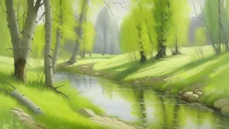 A serene landscape painting depicts a meandering stream flowing through a park, filled with birch and willow trees. Soft, pastel colors dominated by light greens, pale yellows, and whites evoke a springtime atmosphere. The stream's surface reflects the light, while the grass is depicted with subtle variations in greens. Birch trees line the stream's edge, their light gray bark contrasting beautifully with the verdant surroundings. Willow trees, with delicate, pale-white branches, frame the s