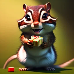 pixar art style of cute baby chipmunk eating chocolate in natural environment, full body,au naturel, hyper detailed, digital art, trending in artstation, cinematic lighting, studio quality, smooth render, unreal engine 5 rendered, octane rendered