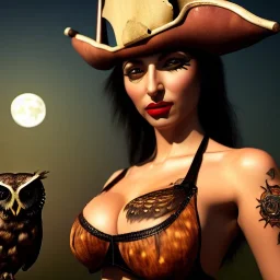 hyper realistic, beautiful spanish girl, short black air, green eyes, with owl tatoo, dressed a steampunk pirate, bra with carved leather, Pirate ships in background. salvador dalì style. high details, full moon. 4k, unreal engine