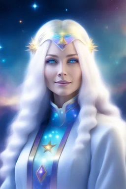 cosmic woman ,beautiful ufos rainbow, admiral from the future, galactic confédération, fine whole face, crystalline skin, expressive purple eyes,rainbow, smiling lips, very nice smile, costume pleiadian, Beautiful tall woman pleiadian Galactic commander, ship, perfect datailed golden galactic suit, high rank, long blond hair, hand whit five perfect detailed finger, amazing big puple eyes, mouth, high définition lips, cosmic happiness, bright colors