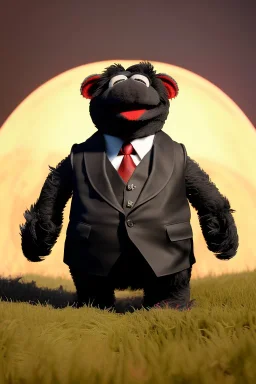 Waist up muppet Portrait, Kim Jong-un muppet doll, black suit, photo studio, red background, unreal engine 5, concept art, art station, god lights, ray tracing, RTX, lumen lighting, ultra detail, volumetric lighting, 3d.