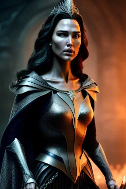 gasl gadot as evil queen in black leather, angry, stern look, volumetric lighting, particales,highly detailed,cinematic, deep colours,8