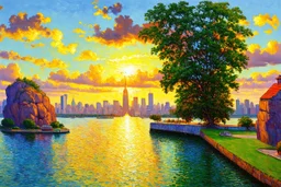 Amazing sunset, buildings, lake, rocks, distant city, trees, sci-fi, claude monet impressionism paintings