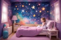 As the adorable girl sits in her bedroom, she marvels at the shining stars adorning her galaxy wall, letting her imagination roam free as she dreams of creating breathtaking drawings with vivid colors.